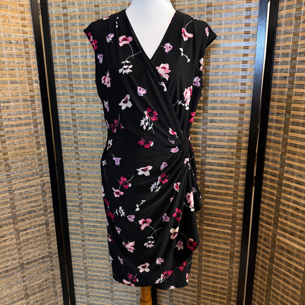 Lauren Ralph Lauren Faux Wrap Dress Womens 12 Black Floral Knot Sheath